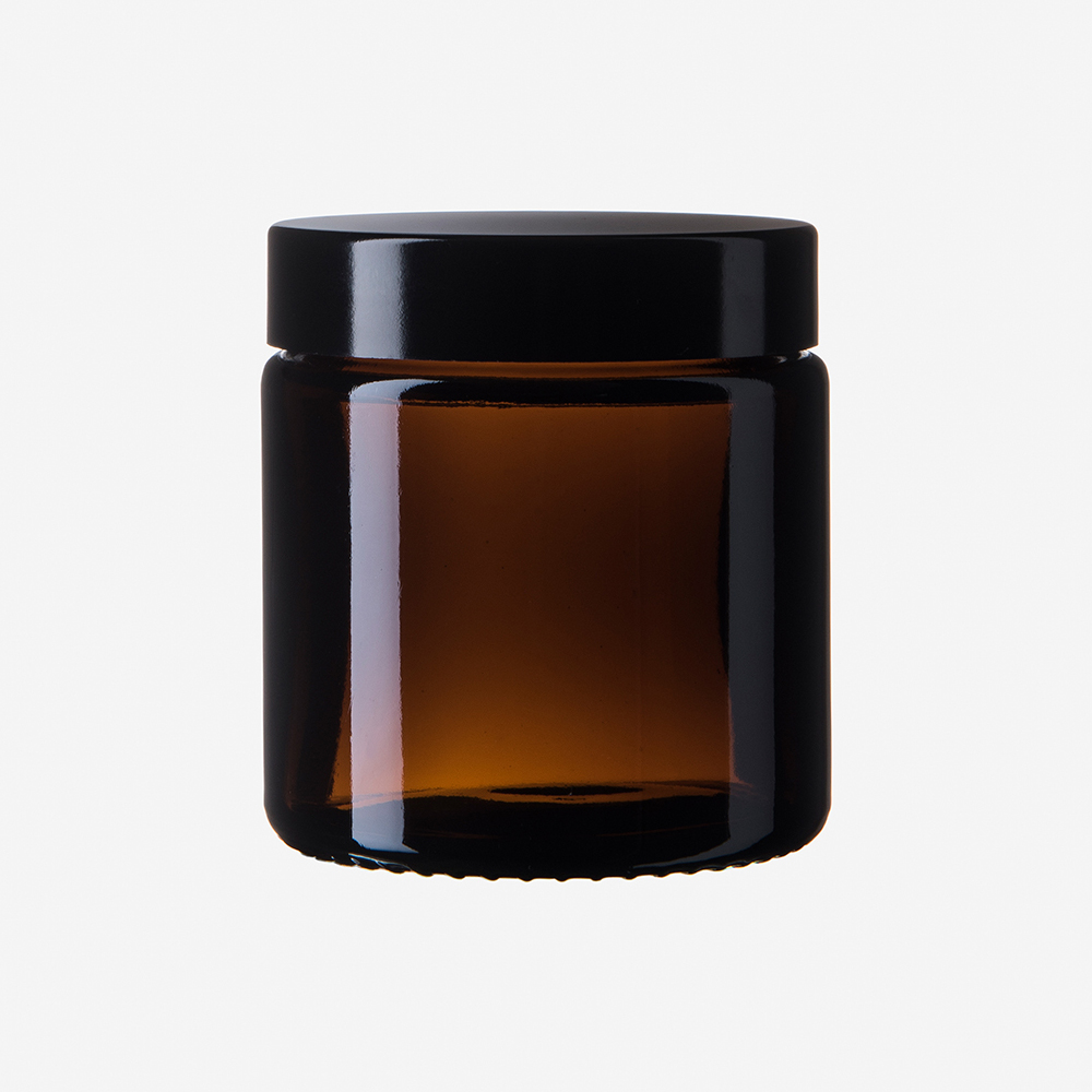 Brauner Glastiegel, 120 ml, mit schwarzem Bakelitdeckel