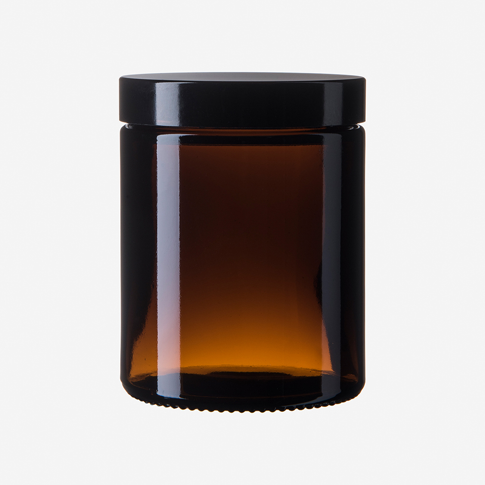 Brauner Glastiegel, 180 ml, mit schwarzem Bakelitdeckel